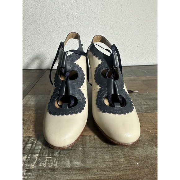 JOHN FLUEVOG Miracles Levitation Cream Blue Tie Heel Luxury Leather Shoes 7 - Picture 2 of 8